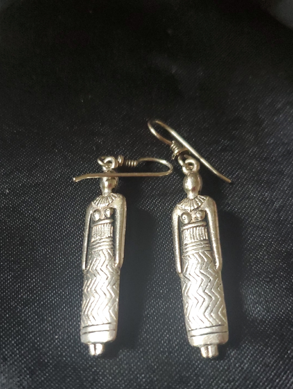 Elegant Silver-Tone Carved Egyptian Figure Drop Earrings - Picture 2 of 2